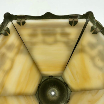 1920s Slag Glass Panel & Spelter Metal Lamp /b