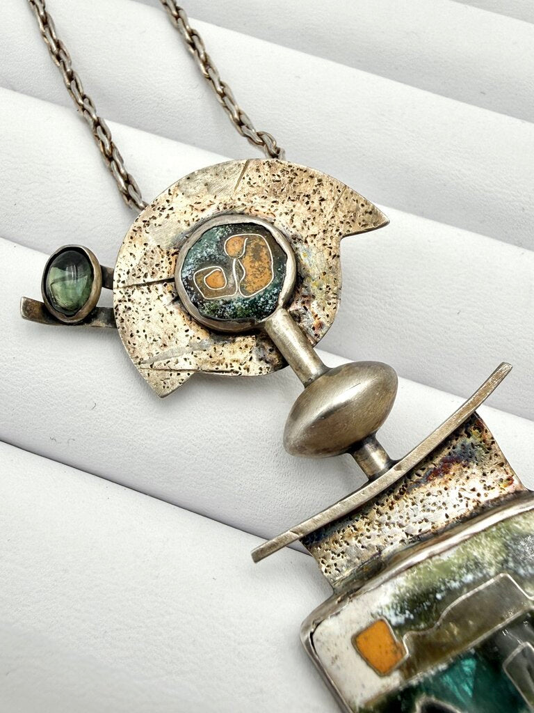 VTG Signed Abstract 14K Gold And Sterling Silver Pin/Necklace