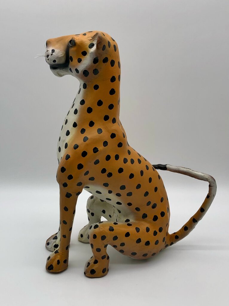 Vtg Hand Painted Leather Cheetah 17” Figurine /b