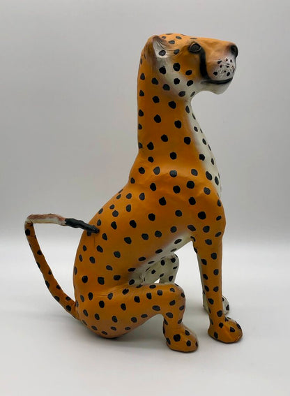 Vtg Hand Painted Leather Cheetah 17” Figurine /b