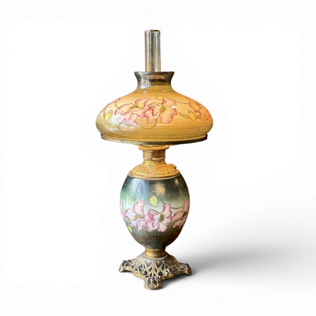 Antique Dark Green And Pink Floral Parlor Lamp