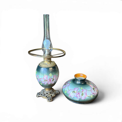 Antique Dark Green And Pink Floral Parlor Lamp
