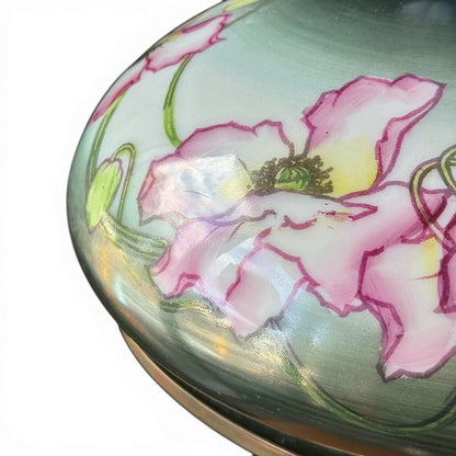 Antique Dark Green And Pink Floral Parlor Lamp