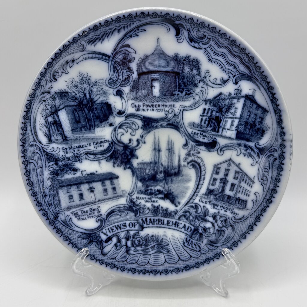 Antique R.M. Cook Flow Blue Souvenir Plate Views of Marblehead Massachusetts Made in England /cb