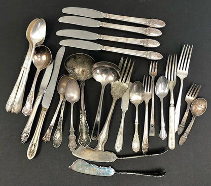 Eclectic 32pc Lot of Antique & Vintage Silver Plate Flatware /b