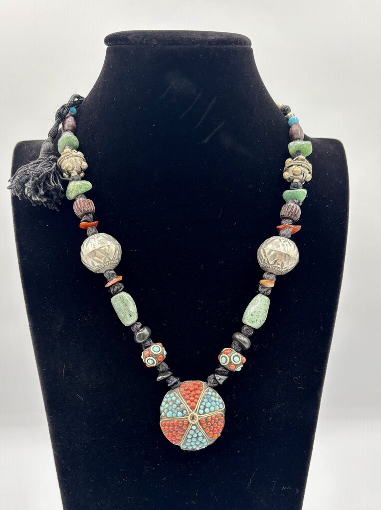 Vtg. Tibetan Style Boho Beaded Necklace with Turquoise and Coral Beads and Other Stone & Silver Toned Beads /j