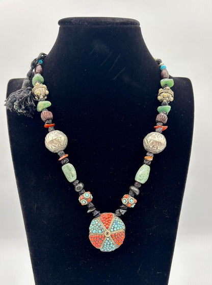 Vtg. Tibetan Style Boho Beaded Necklace with Turquoise and Coral Beads and Other Stone & Silver Toned Beads /j