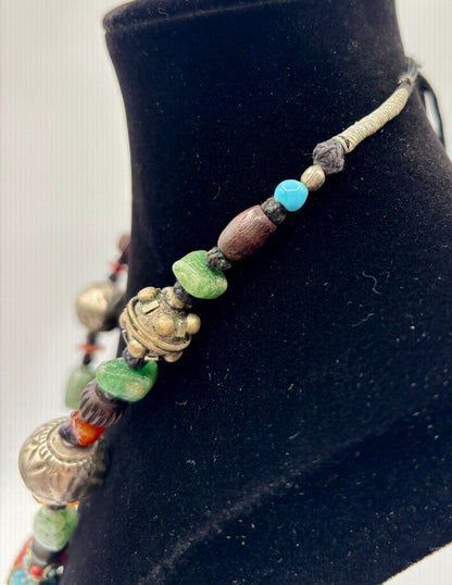 Vtg. Tibetan Style Boho Beaded Necklace with Turquoise and Coral Beads and Other Stone & Silver Toned Beads /j