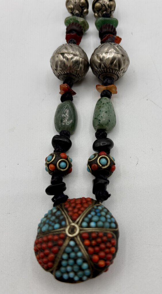 Vtg. Tibetan Style Boho Beaded Necklace with Turquoise and Coral Beads and Other Stone & Silver Toned Beads /j