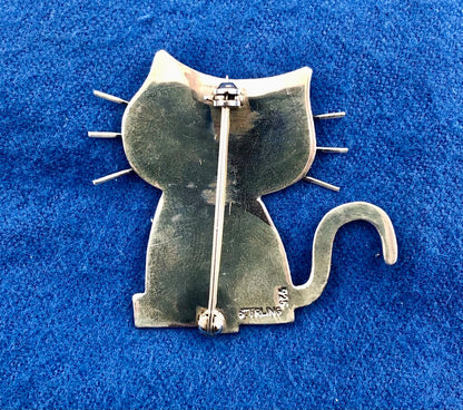 Vtg Sterling Silver Whiskered Cat Brooch /b