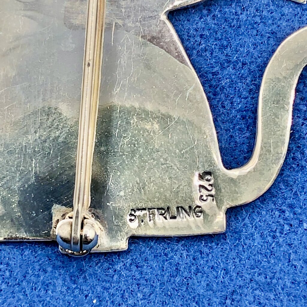 Vtg Sterling Silver Whiskered Cat Brooch /b