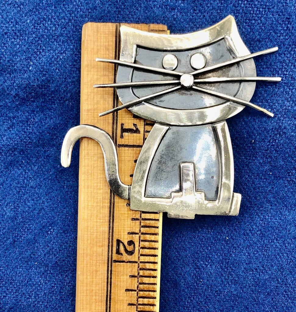 Vtg Sterling Silver Whiskered Cat Brooch /b