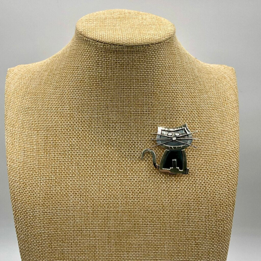 Vtg Sterling Silver Whiskered Cat Brooch /b