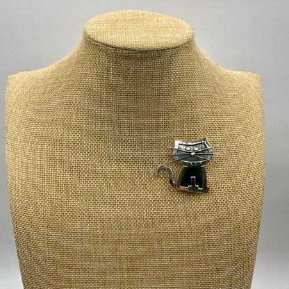 Vtg Sterling Silver Whiskered Cat Brooch /b