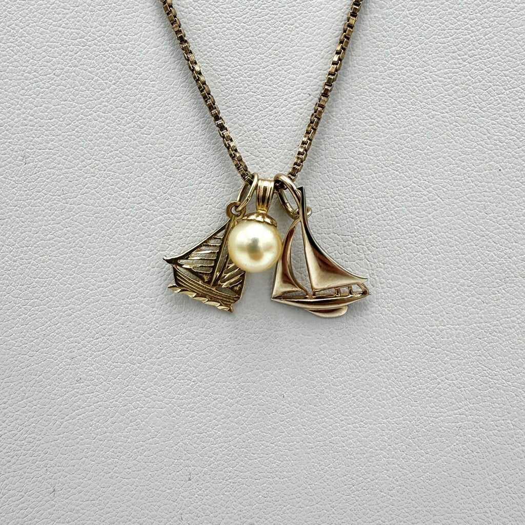 14k Gold Box Chain with Two 14k Sailboat Pendants and Fresh Water Pearl Pendant