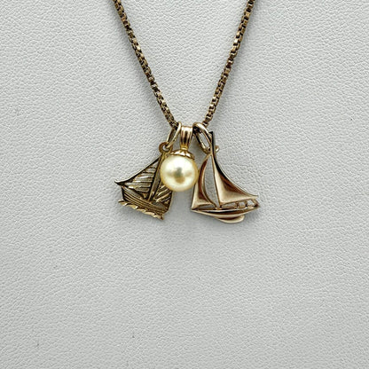 14k Gold Box Chain with Two 14k Sailboat Pendants and Fresh Water Pearl Pendant