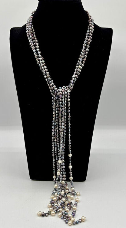 Lariat Necklace with 4 Strands of Grey & White Fresh Water Pearls /j