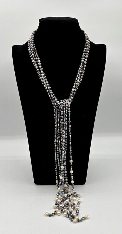 Lariat Necklace with 4 Strands of Grey & White Fresh Water Pearls /j