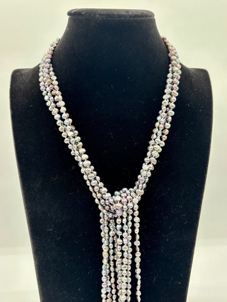 Lariat Necklace with 4 Strands of Grey & White Fresh Water Pearls /j