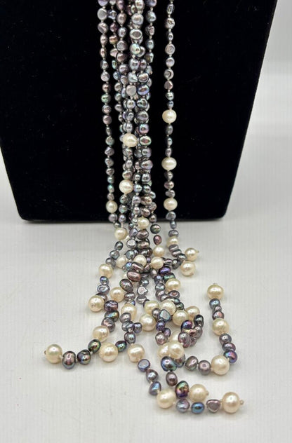 Lariat Necklace with 4 Strands of Grey & White Fresh Water Pearls /j