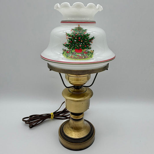 Vintage Brass Hurricane Parlor Lamp w/White Glass Ruffled Christmas Tree Shade 14 1/2” /cb