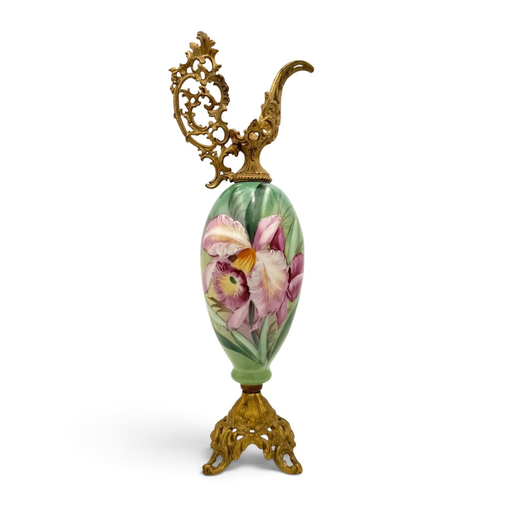 Antique Hand Painted Pink and Teal Floral Milk Glass w/ Brass Accents Ewer