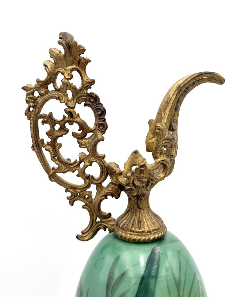 Antique Hand Painted Pink and Teal Floral Milk Glass w/ Brass Accents Ewer