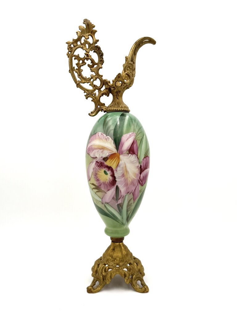 Antique Hand Painted Pink and Teal Floral Milk Glass w/ Brass Accents Ewer