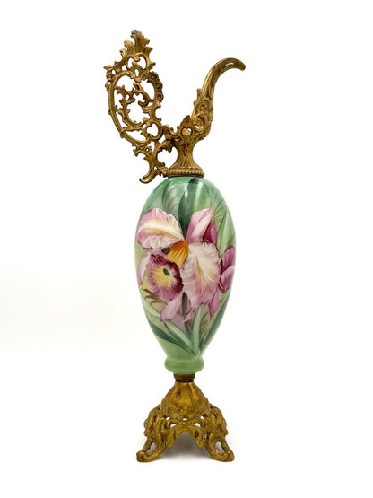 Antique Hand Painted Pink and Teal Floral Milk Glass w/ Brass Accents Ewer