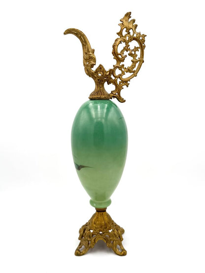 Antique Hand Painted Pink and Teal Floral Milk Glass w/ Brass Accents Ewer