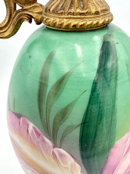 Antique Hand Painted Pink and Teal Floral Milk Glass w/ Brass Accents Ewer