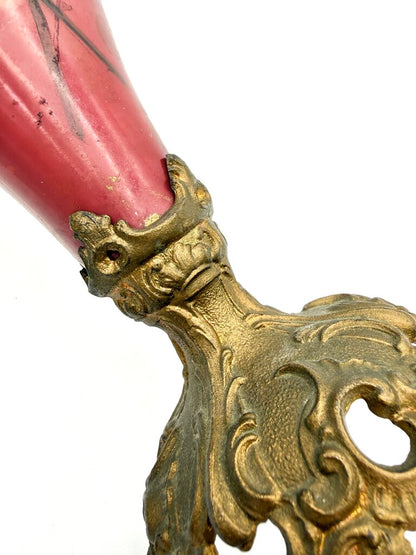 Antique Hand Painted Yellow and Red Floral Milk Glass w/ Brass Accents Ewer