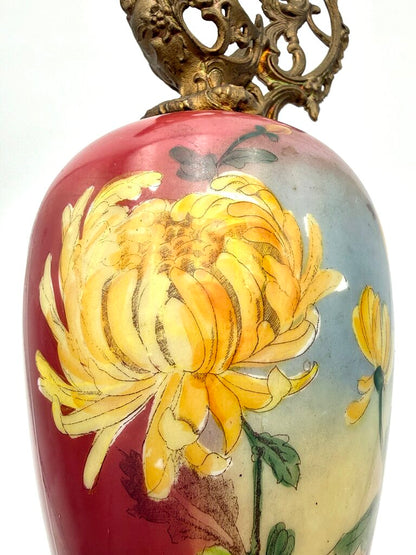Antique Hand Painted Yellow and Red Floral Milk Glass w/ Brass Accents Ewer