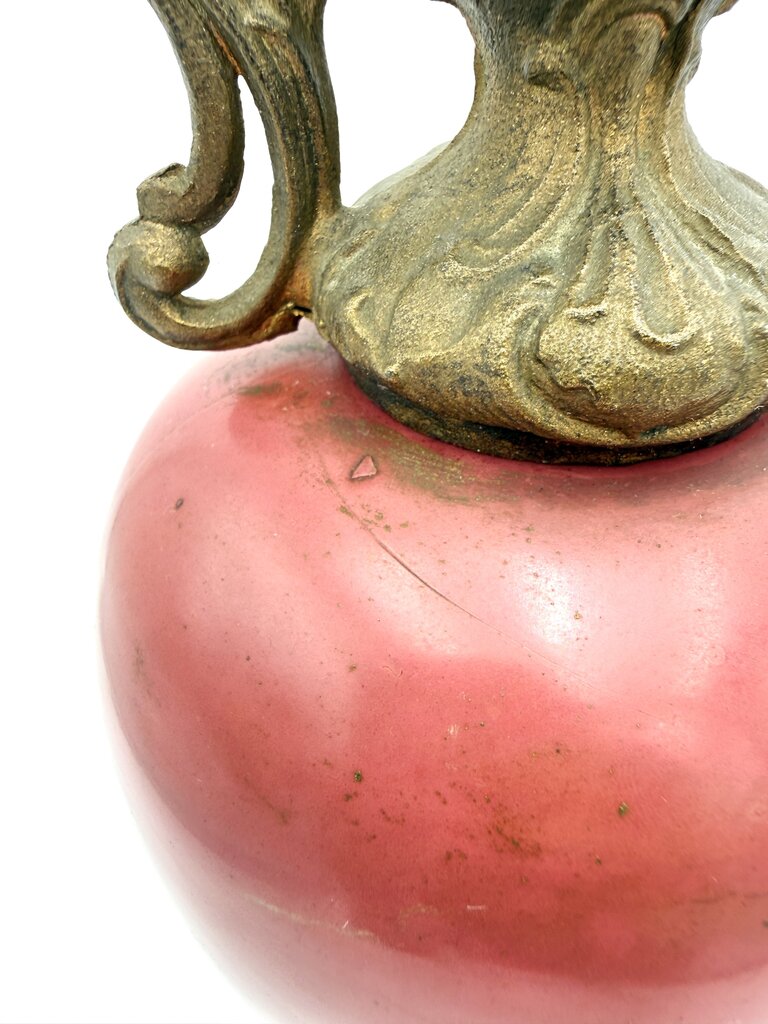 Antique Hand Painted Yellow and Red Floral Milk Glass w/ Brass Accents Ewer