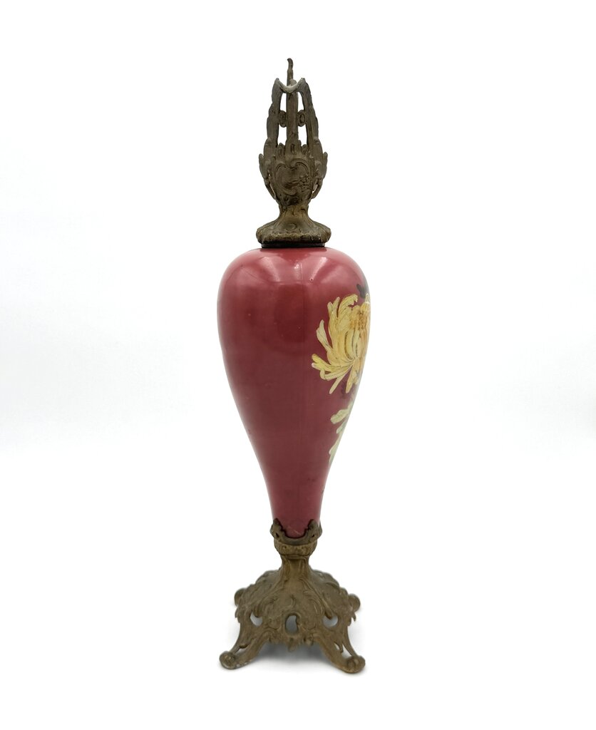 Antique Hand Painted Yellow and Red Floral Milk Glass w/ Brass Accents Ewer