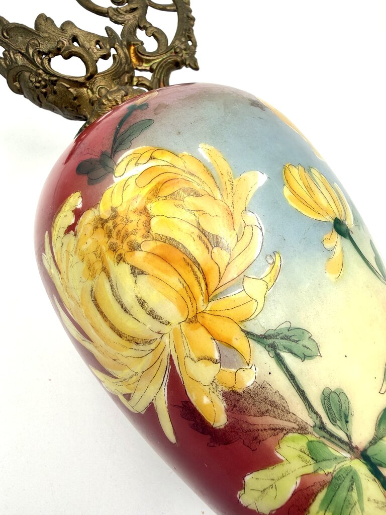 Antique Hand Painted Yellow and Red Floral Milk Glass w/ Brass Accents Ewer