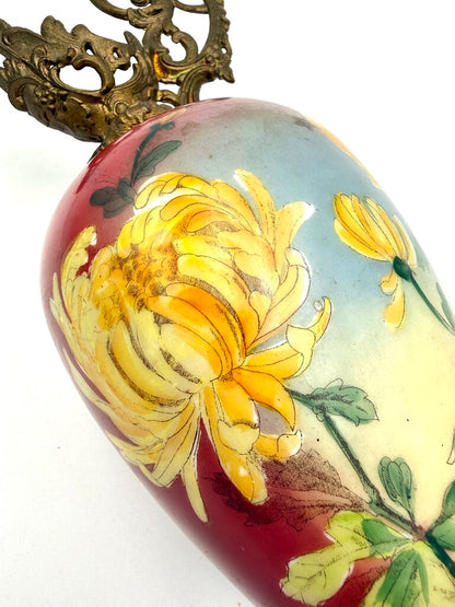 Antique Hand Painted Yellow and Red Floral Milk Glass w/ Brass Accents Ewer
