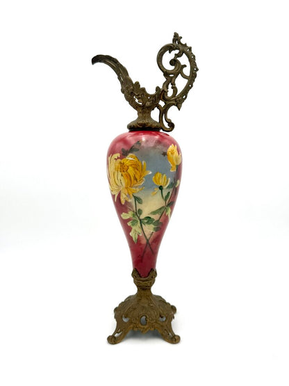 Antique Hand Painted Yellow and Red Floral Milk Glass w/ Brass Accents Ewer