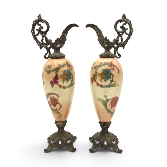 Antique Pair Of Hand Painted Floral Milk Glass w/ Brass Accents Ewers