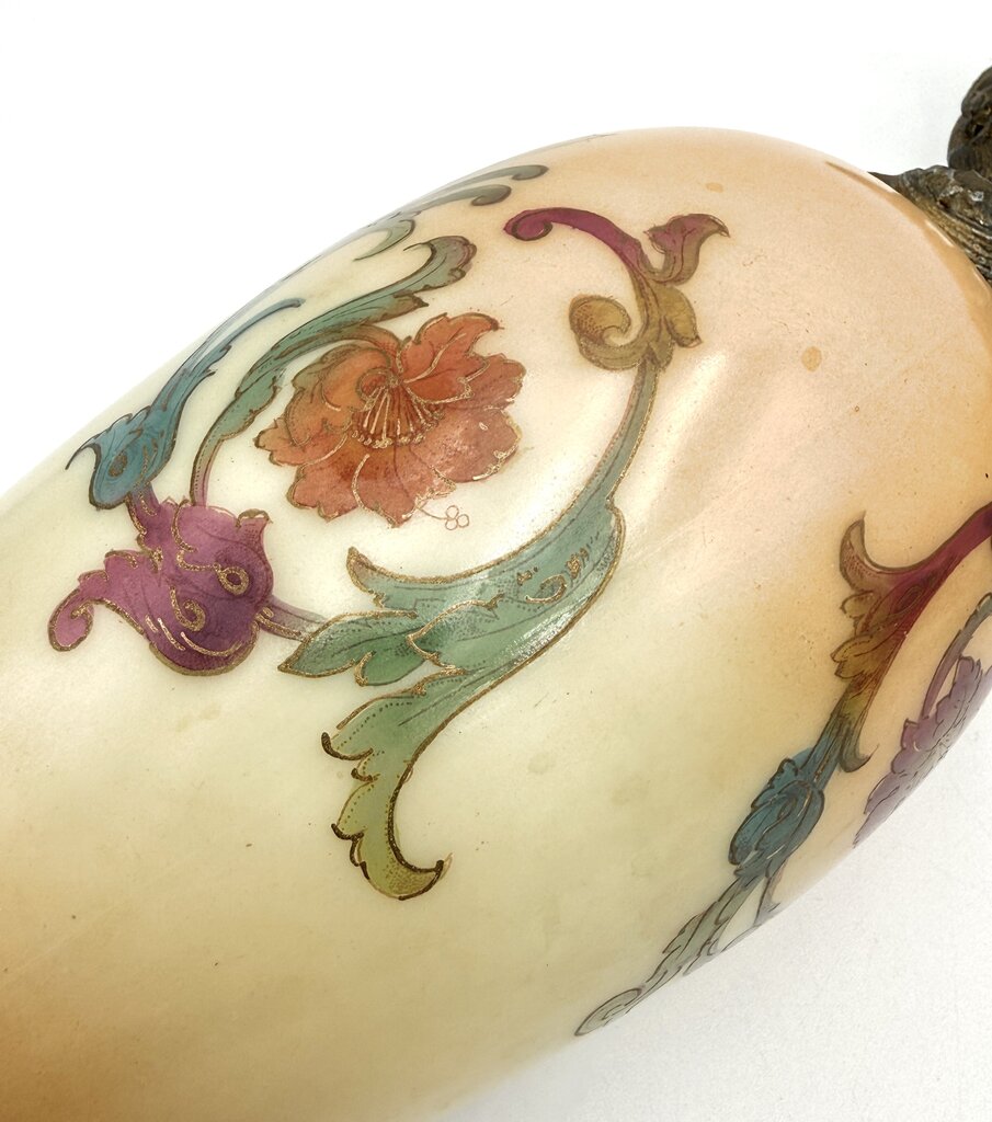 Antique Pair Of Hand Painted Floral Milk Glass w/ Brass Accents Ewers