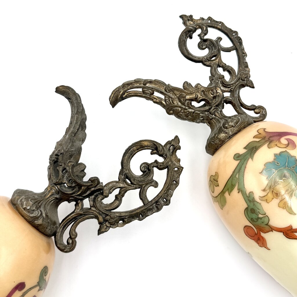 Antique Pair Of Hand Painted Floral Milk Glass w/ Brass Accents Ewers