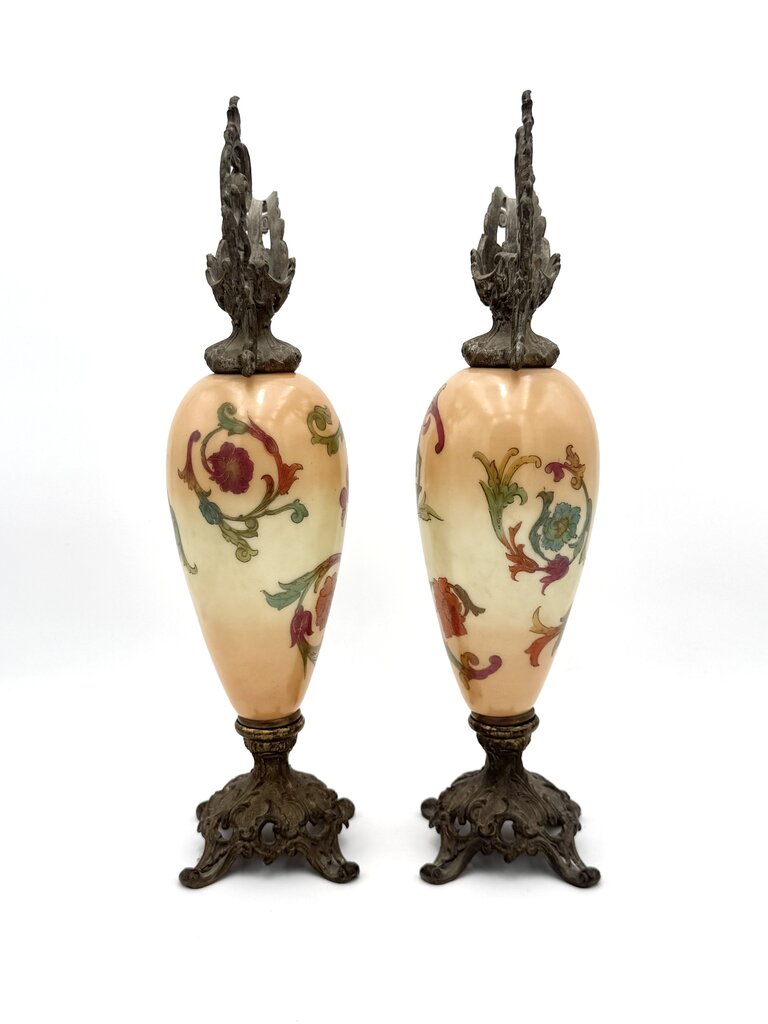 Antique Pair Of Hand Painted Floral Milk Glass w/ Brass Accents Ewers