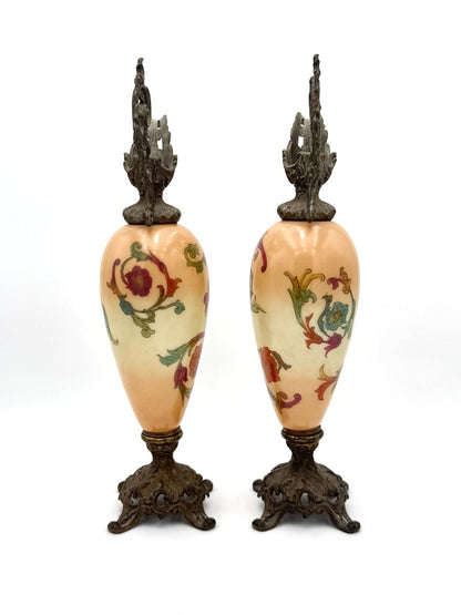 Antique Pair Of Hand Painted Floral Milk Glass w/ Brass Accents Ewers