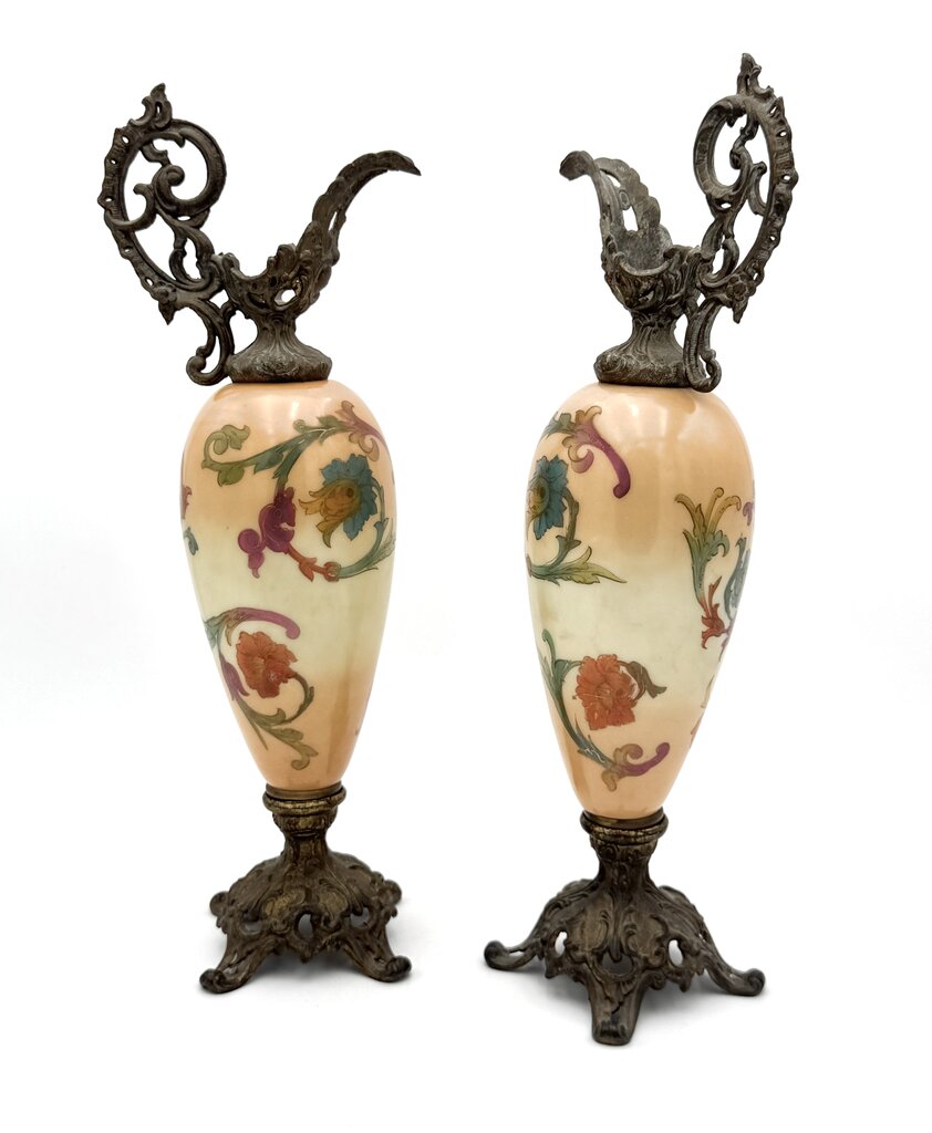 Antique Pair Of Hand Painted Floral Milk Glass w/ Brass Accents Ewers