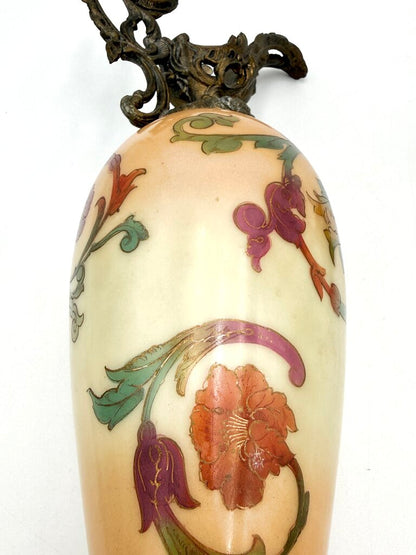 Antique Pair Of Hand Painted Floral Milk Glass w/ Brass Accents Ewers