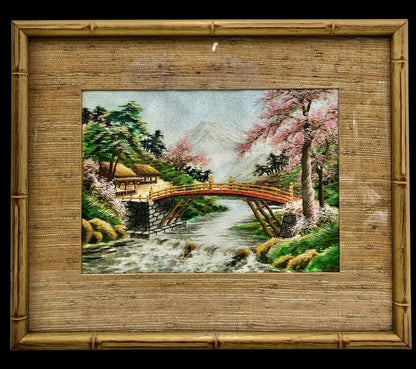 Vtg Japanese Silk Embroidery Mt. Fuji Landscape /b