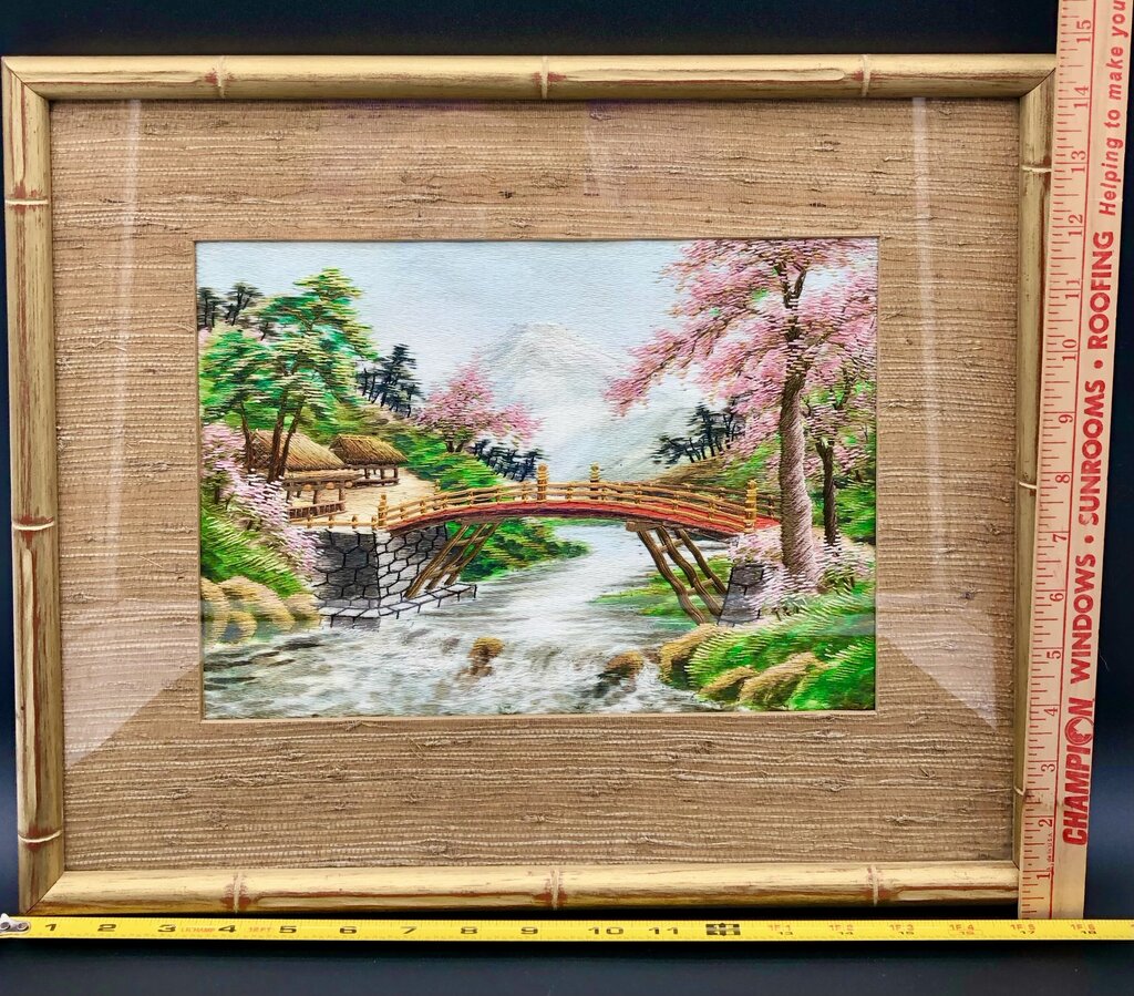 Vtg Japanese Silk Embroidery Mt. Fuji Landscape /b