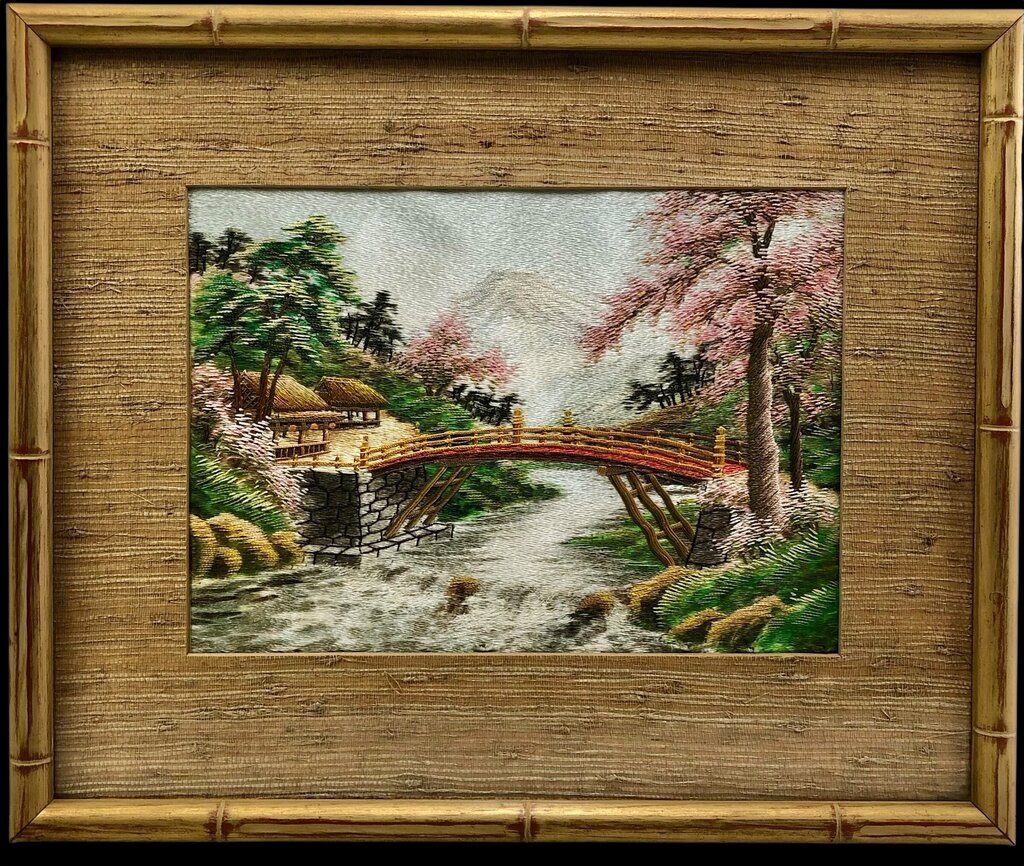 Vtg Japanese Silk Embroidery Mt. Fuji Landscape /b