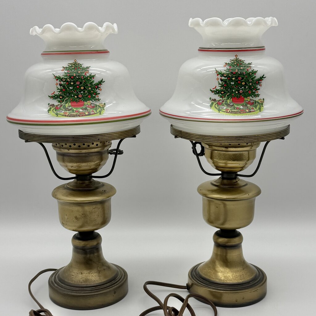 Vintage Pair Of Brass Hurricane Parlor Lamp w/White Glass Ruffled Christmas Tree Shades 14 1/2” /cb