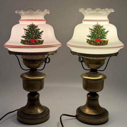 Vintage Pair Of Brass Hurricane Parlor Lamp w/White Glass Ruffled Christmas Tree Shades 14 1/2” /cb